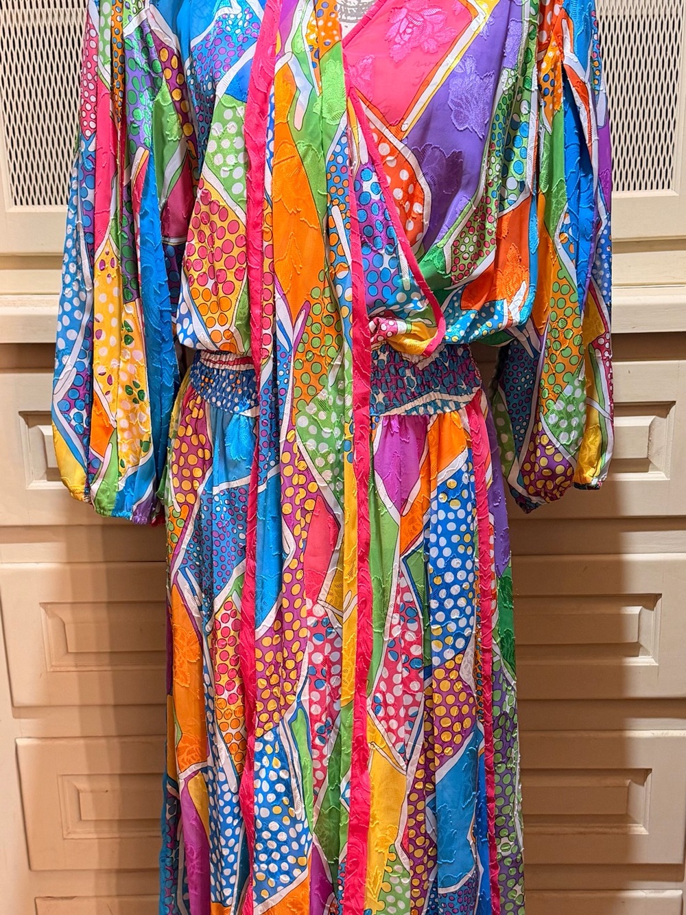 Vintage 1980s Diane Freis Kaleidoscope Silk Jacquard Cape Overlay Maxi w/Sash